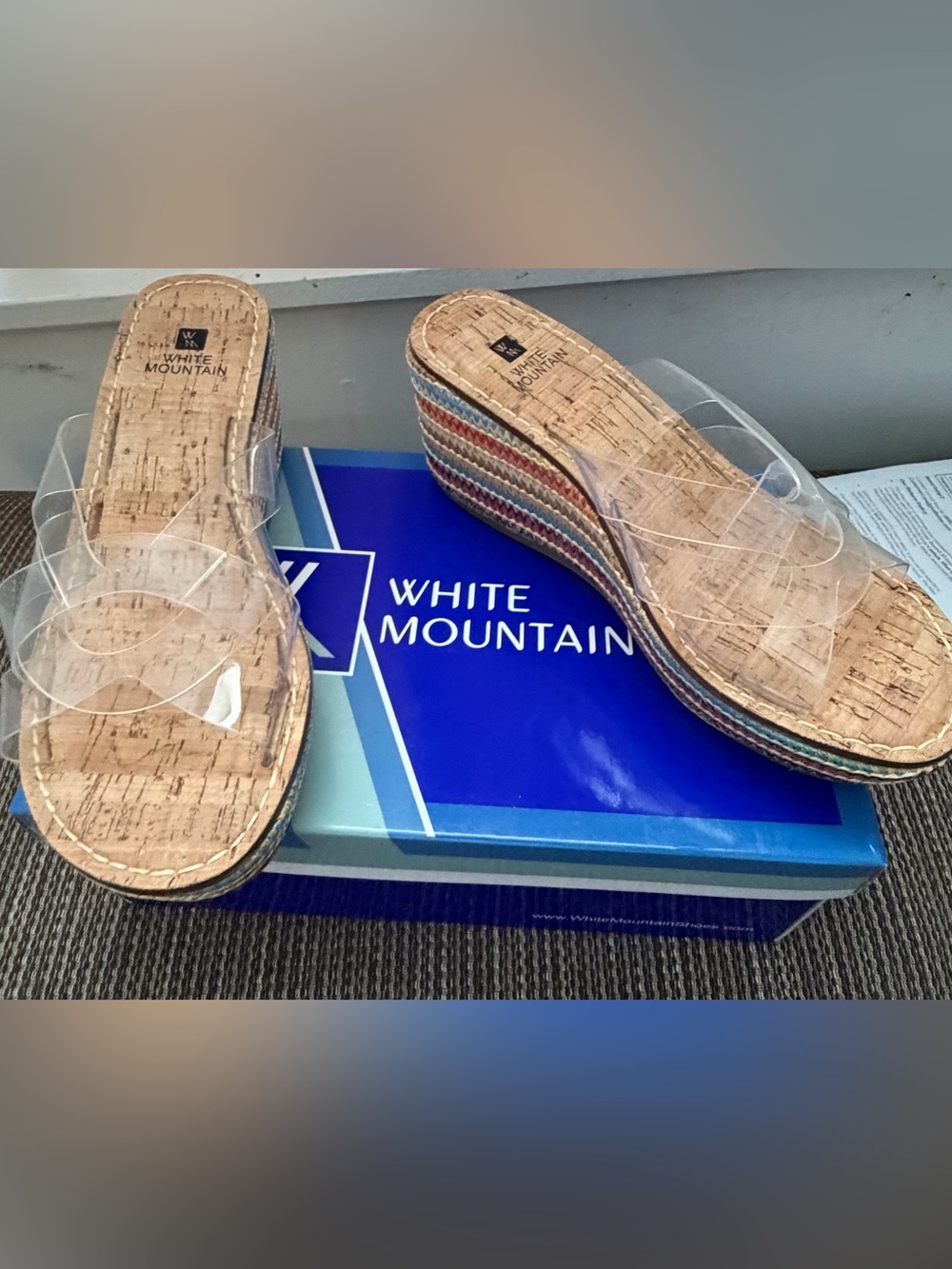 White Mountain Clear Strap Cork Wedge Sandals with Multicolor Trim